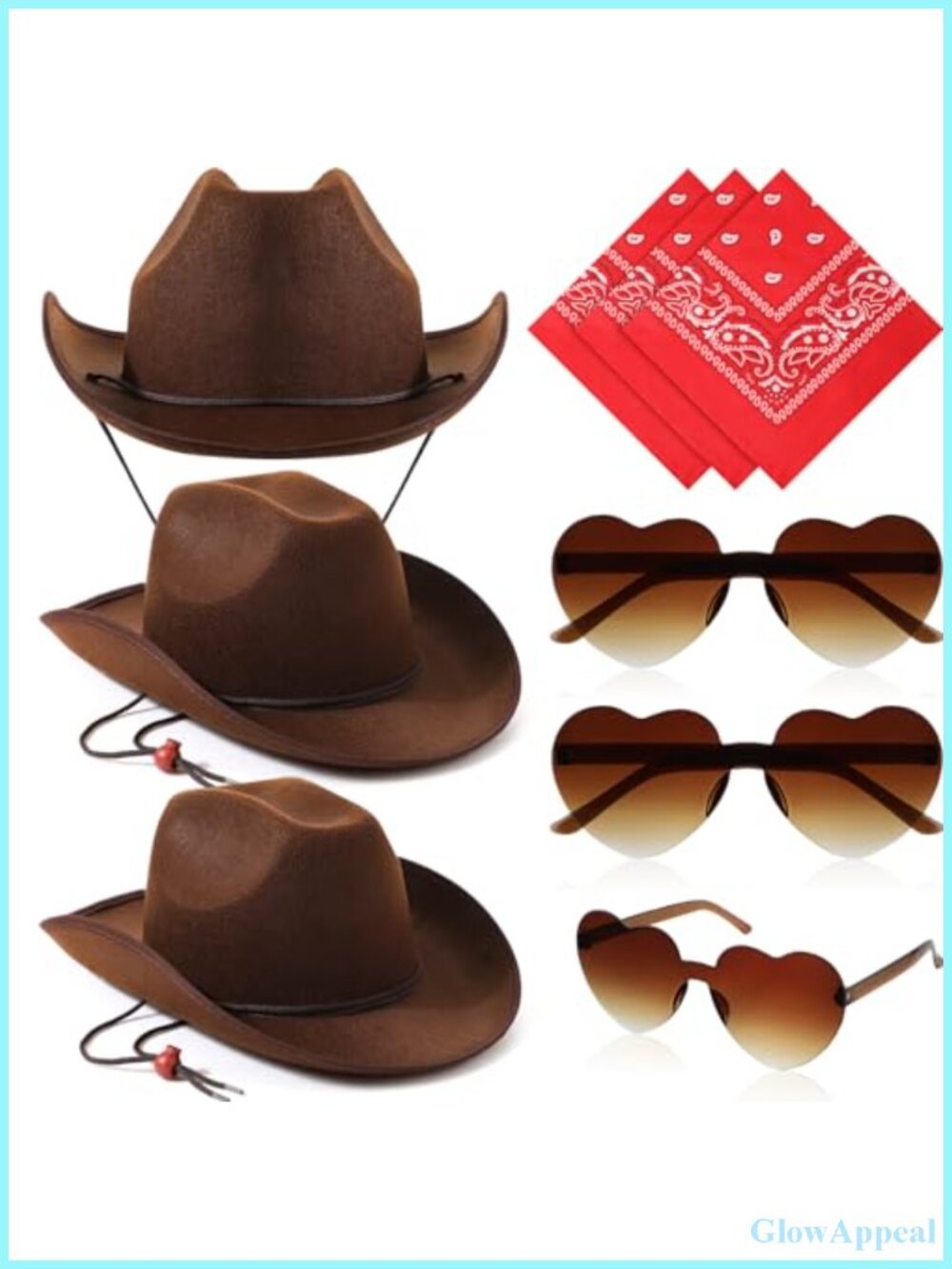 3x Cowboy Hat Costume Set with Sunglasses and Bandanas Party Accessory